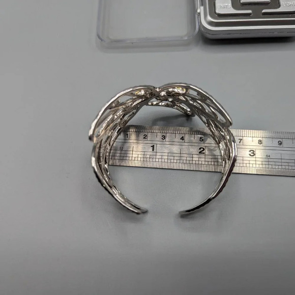 Silver Leaf Filigree Cuff Bracelet w/ 14K Gold Detail Cubic Zirconia - Picture 10 of 10